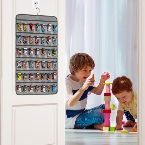 TEMUORG Toy Cars Wheels Storage Holder Matchbox Cars Organizer Dual Sided Hanging Toy Cars Display Case with 84 Clear Pockets (Dual Sides-Grey)