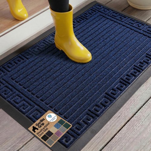 GORILLA GRIP Waterproof All-Season WeatherMAX Doormat - 35x23, Natural Rubber, Stain & Fade Resistant, Easy Clean, Navy Greek Keys