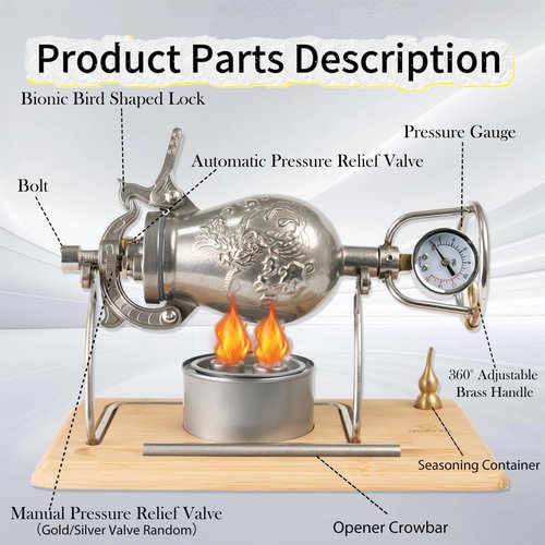 350ml Chinese Popcorn Maker, Chinese Popcorn Cannon Machine, High Pressure Popcorn Popper, Stainless Steel Popcorn Machine for Family Party Fun, Upgraded Bamboo Base and Bracket(with Gift Box&2 Bags)