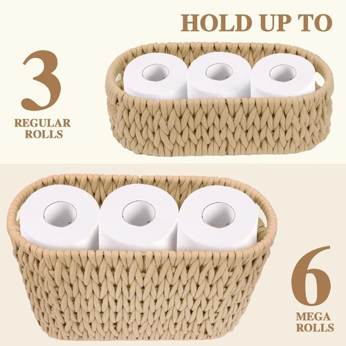 Boho Bathroom Organizer | Cotton Rope Toilet Paper Storage Baskets - Set of 2 for 6 Mega Rolls (Brown)