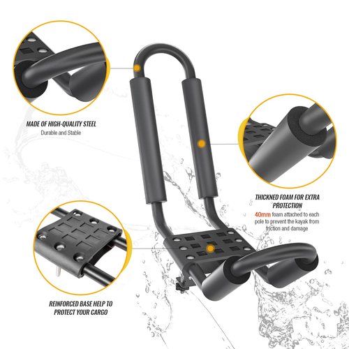 AA-Racks 2 Pair J-Bar Rack for Kayak Carrier Canoe Boat Paddle Board Surfboard Roof Top Mount on Car SUV Truck Crossbar with 16 Ft Ratchet Lashing Straps