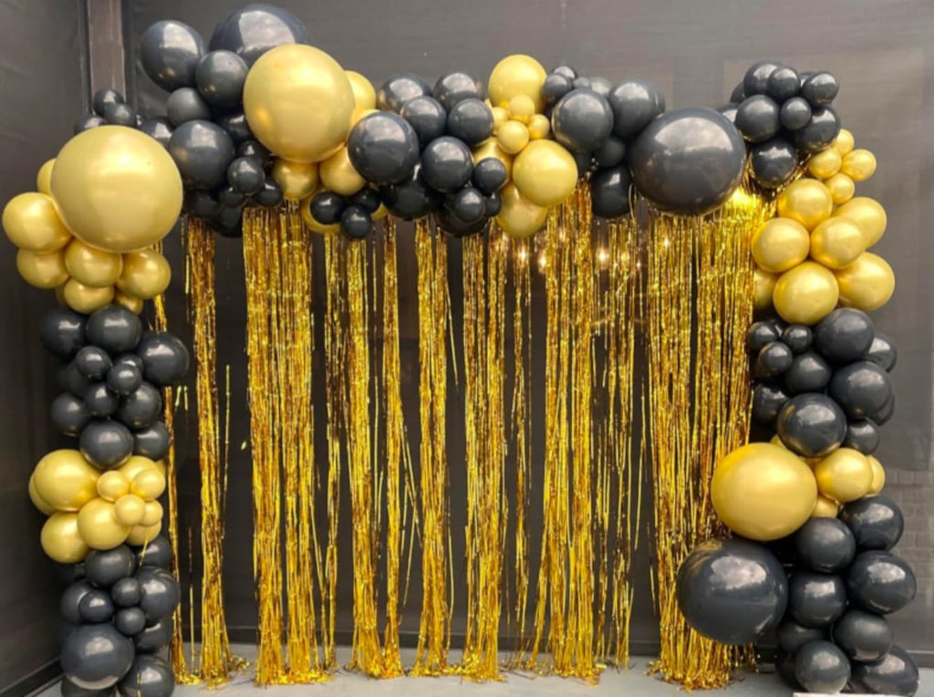 Skiennix Black and Gold Balloon Garland Arch Kit - Elegant Party Decorations with Gold Foil Curtains for Graduation, Birthday, and Anniversary Celebrations
