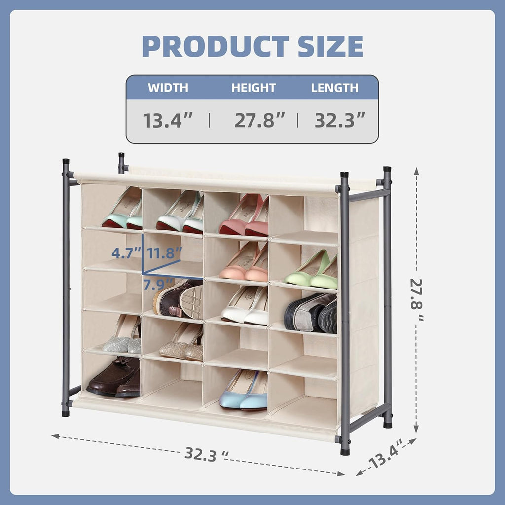 Storage Maniac Stackable Shoe Cubby Organizer - 20-Cube Free Standing Rack in Beige for Entryway & Closet