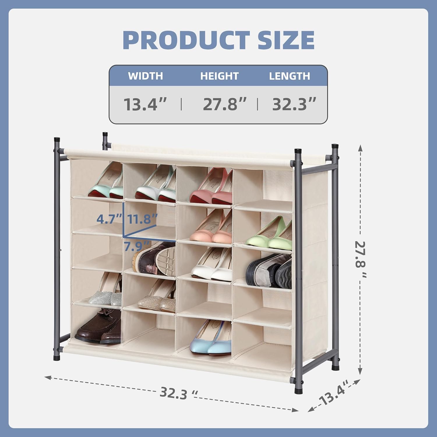 Storage Maniac Stackable Shoe Cubby Organizer - 20-Cube Free Standing Rack in Beige for Entryway & Closet
