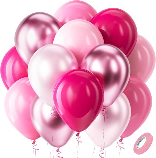 Bezente Pink Balloons Set - 60pcs 12-Inch Metallic Pearl & Latex Balloons for Birthday & Baby Showers