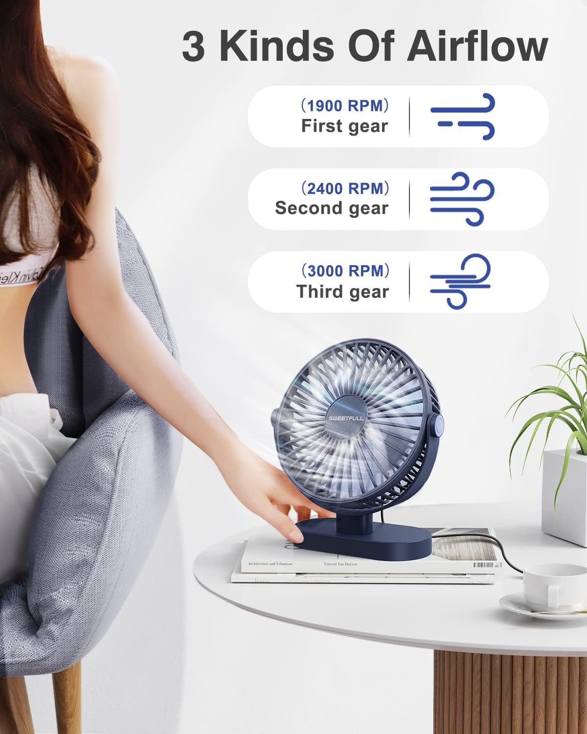 Sweetfull Small USB Desk Fan - 3-Speed Portable Mini Fan with 360° Adjustment | Quiet Operation, Blue