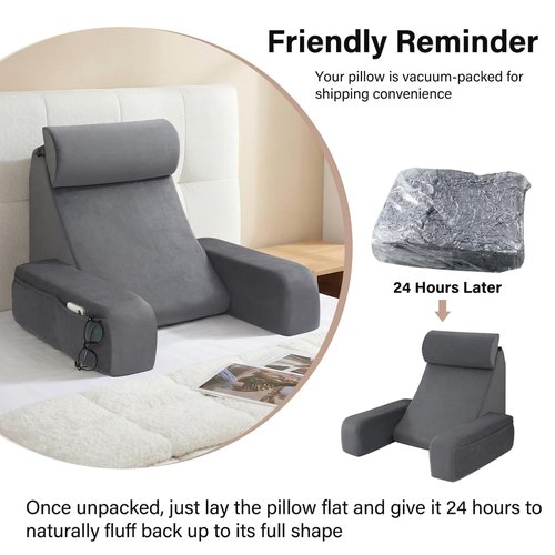 ENITYA 19" Back Support Pillow,Reading Pillow with Attached Arms & Large Pockets, Removable Washable Cover, Wedge for Sitting,Reclining,Watching TV,Post Surgery in Bed,Couch or Floor,Medium Firm,Grey
