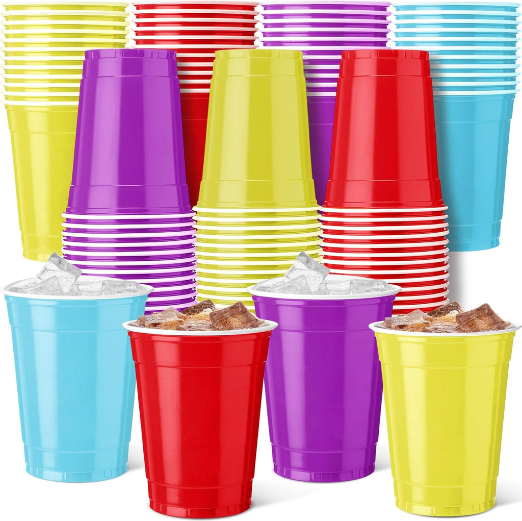 Reallnaive 100 Pcs 12 oz Rainbow Color Disposable Plastic Party Cups - Durable & Lightweight for Events