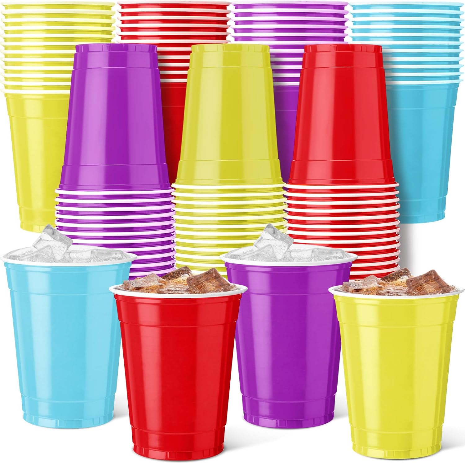 Reallnaive 100 Pcs 12 oz Rainbow Color Disposable Plastic Party Cups - Durable & Lightweight for Events