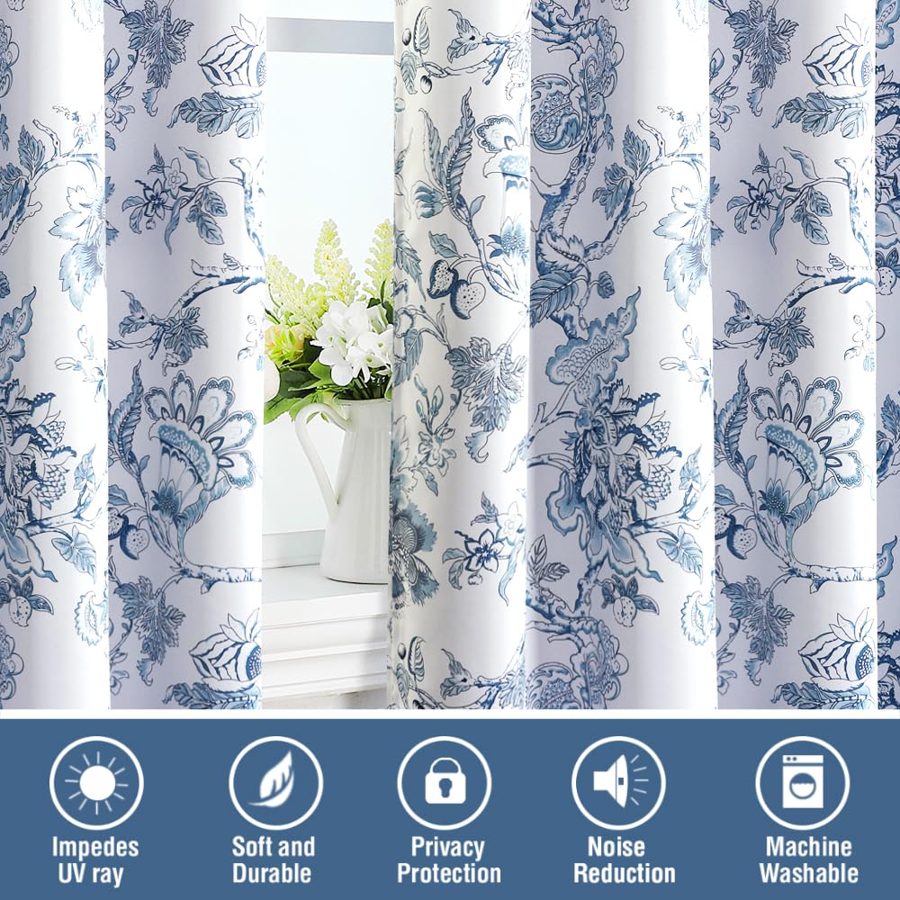 H.VERSAILTEX Blackout Curtains 84 Inch Length 2 Panels Set Floral Print Curtain Drapes for Living Room Thermal Insulated Grommet Window Curtains for Bedroom - Traditional Floral in Storm Blue