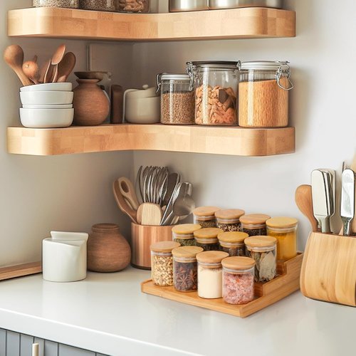ComSaf Bamboo Spice Rack - 3-Tier Organizer with 12 x 6oz Jars & Labels for Kitchen Pantry