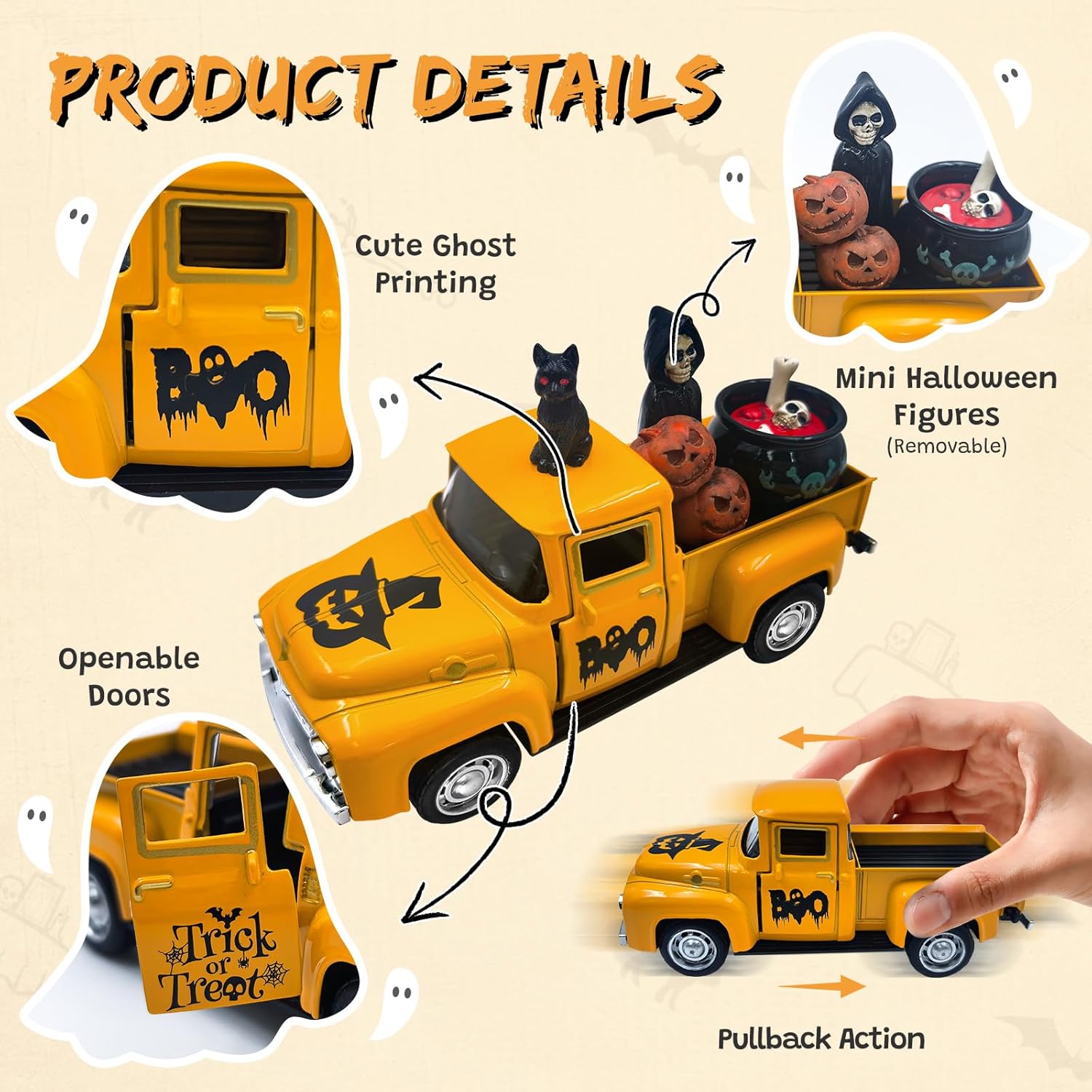 Skiennix Halloween Skeleton Decorations - Vintage Metal Truck with Miniature Scene & Jack-o'-Lanterns | Indoor Decor