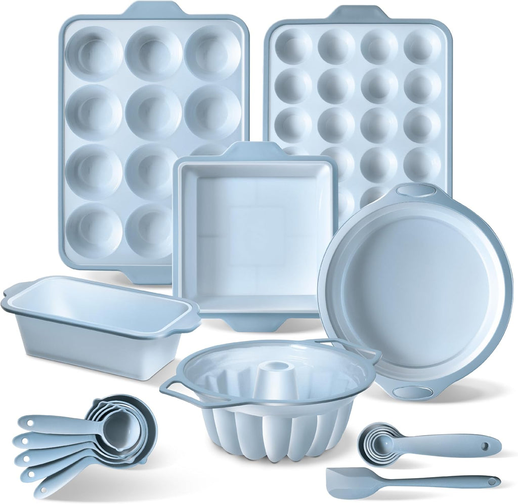 Cook With Color 17-Piece Silicone Baking Pan Set - Non-Stick Muffin Pans & Flexible Cake Molds with Measuring Cups
