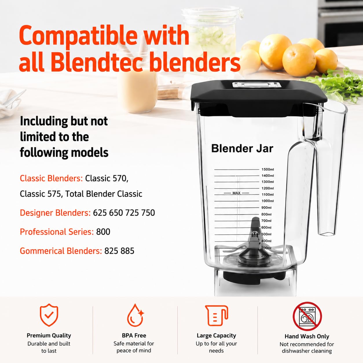 90 oz Replacement Jar Compatible with Blendtec Blender, Container Pitcher Fits All Consumer and Commercial Models, Includes Blade and Lid