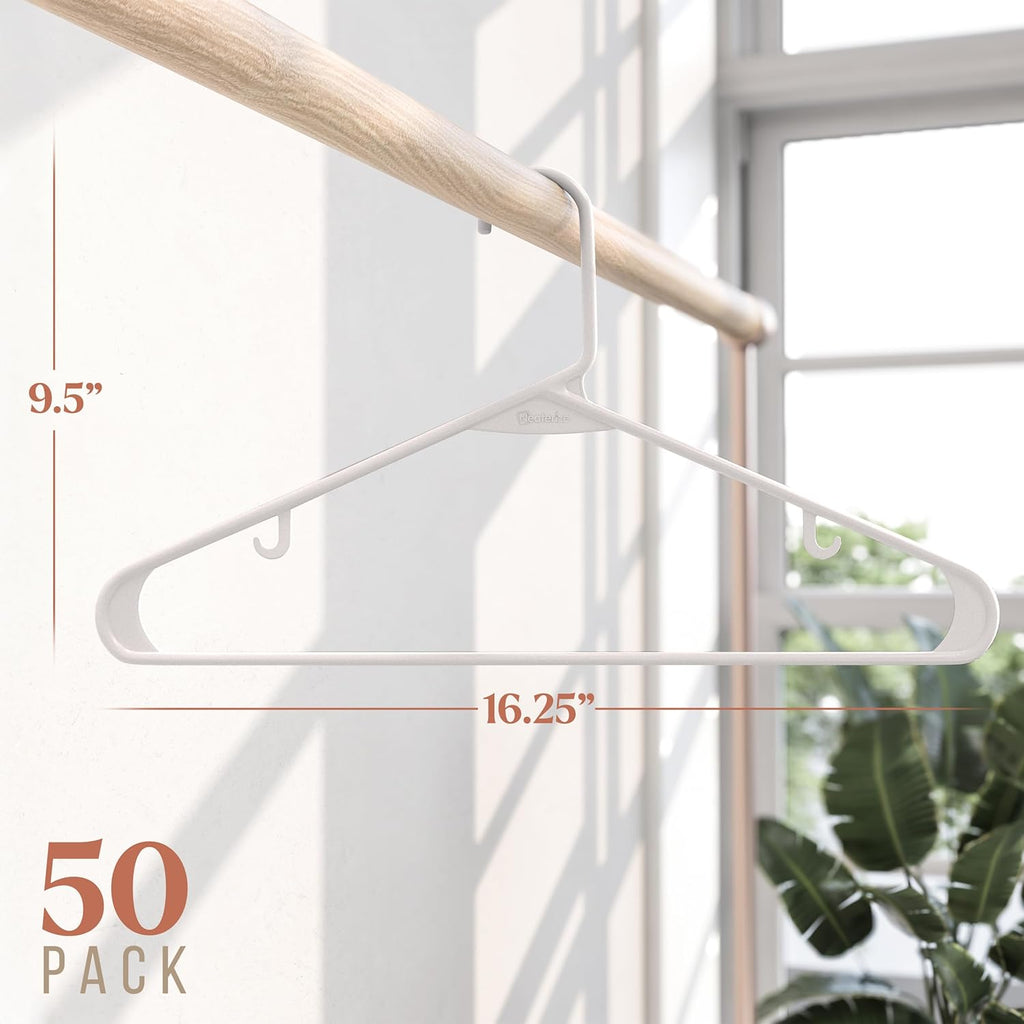 Skiennix Plastic Hangers 50 Pack - Space-Saving Clothes Hangers for Closet Organization | White
