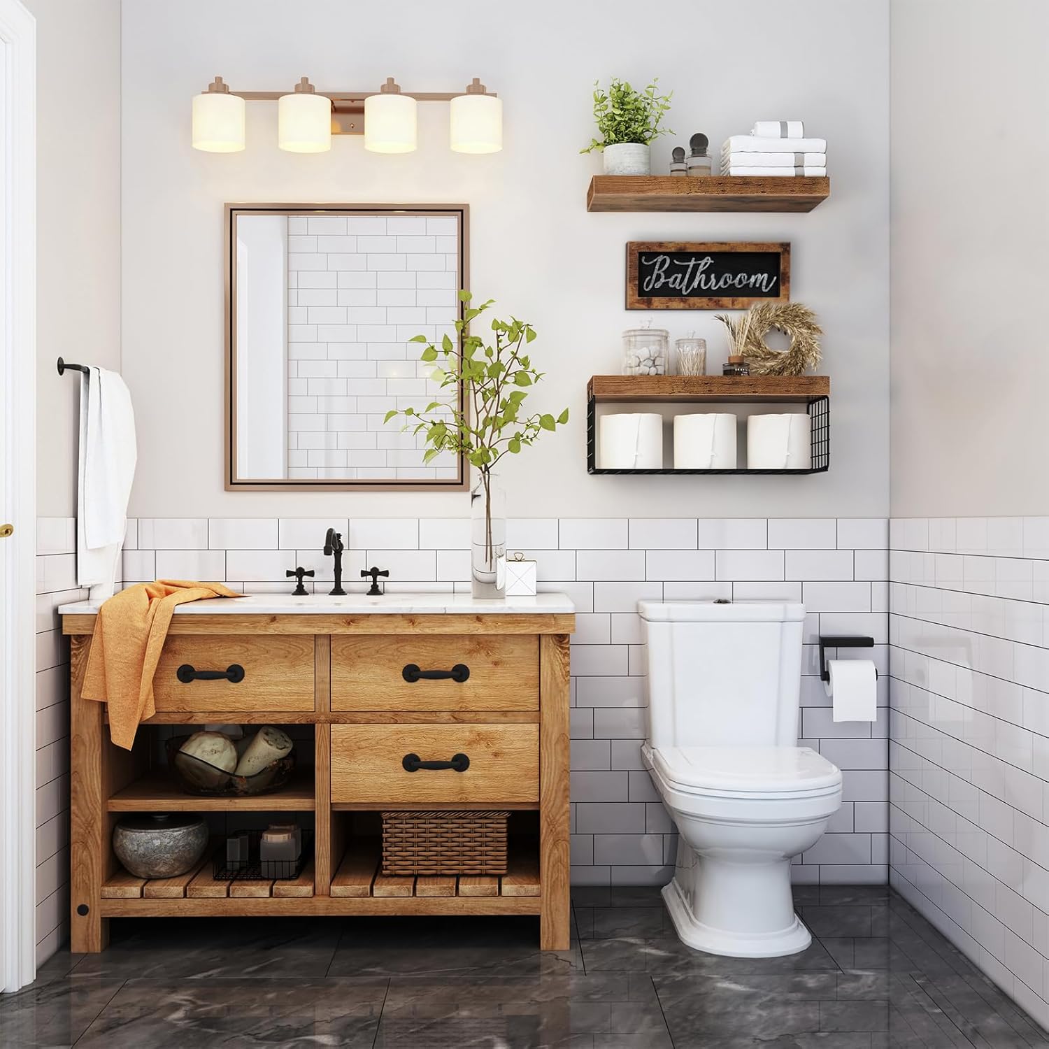 QEEIG Bathroom Shelves Over Toilet - Rustic Brown Floating Shelf Set for Farmhouse Decor | 16 Inch 2+1 Design