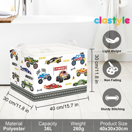 Clastyle City Car Baby Laundry Hamper Kid Storage Basket Boy Gift Toy Box Collapsible Clothes Organizer Nursery Bin for Bedroom,Monster Truck,40 * 30 * 30 cm