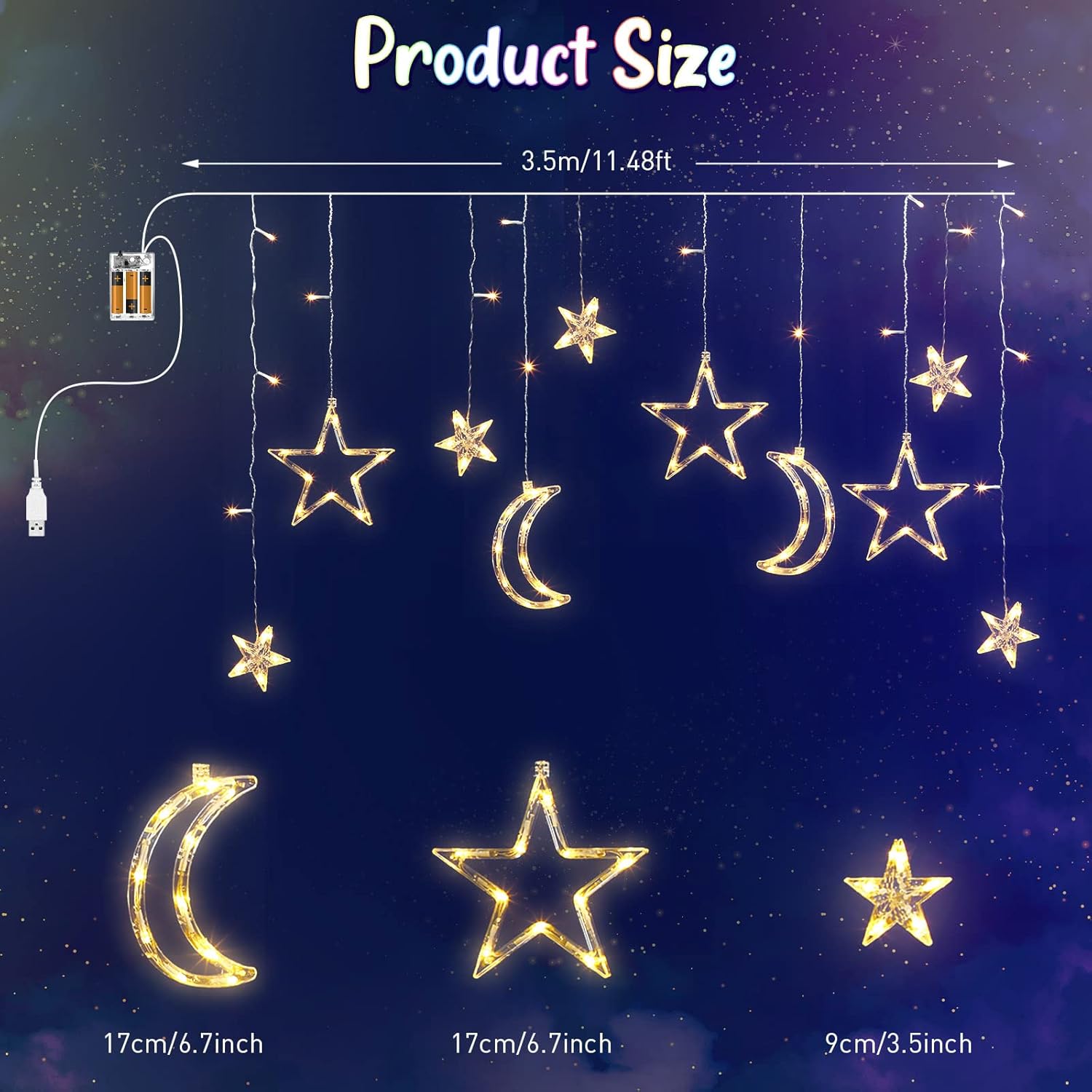 Riakrum LED Star and Moon String Lights - 11.48 ft Warm White Fairy Lights for Bedroom | Waterproof Decor