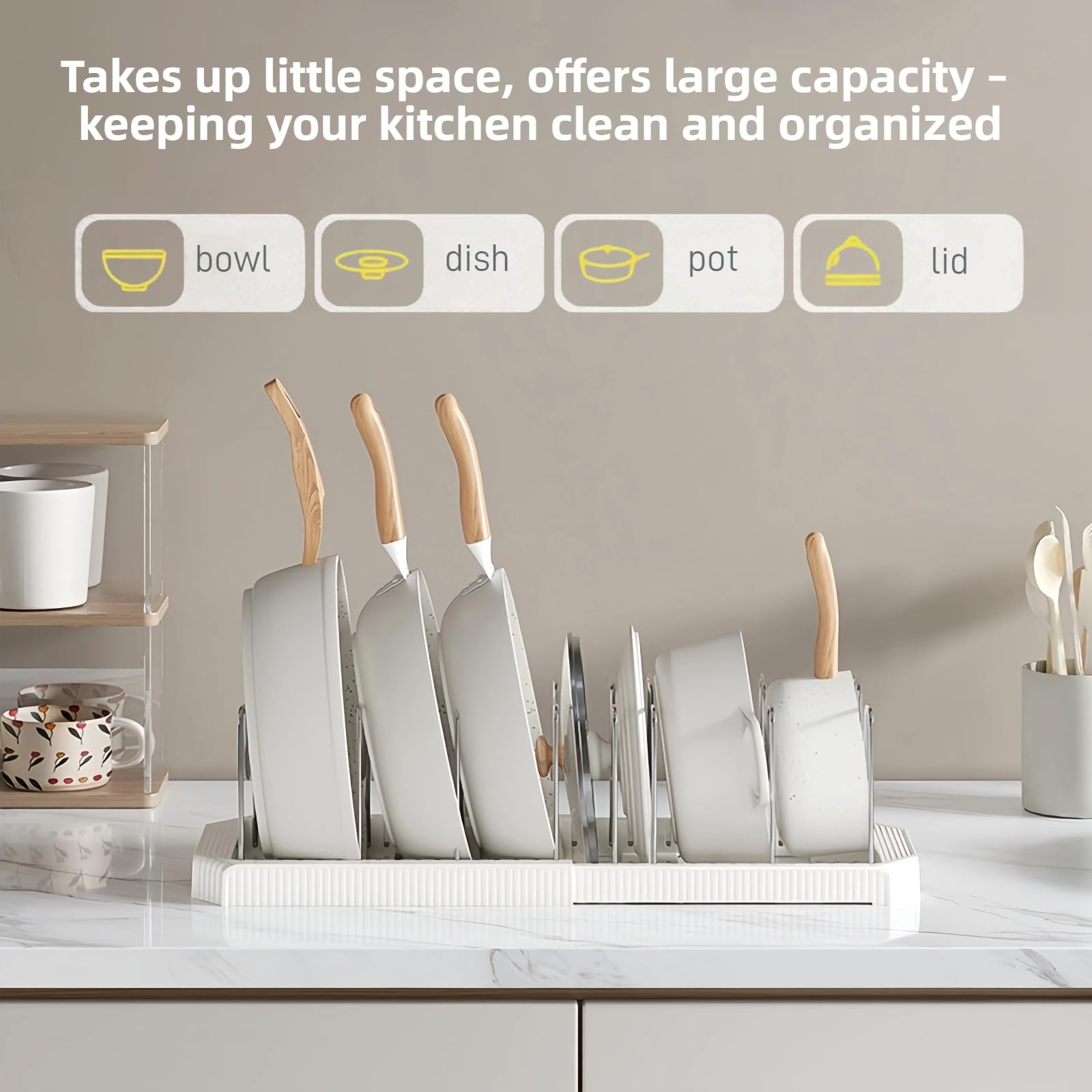 Silanit Expandable Pot and Pan Organizer Rack for Kitchen Cabinet or Under Sink, Adjustable Lid Holder with 7 Dividers, Space-Saving Storage for Renters, Small Homes, and Busy Cooks, White