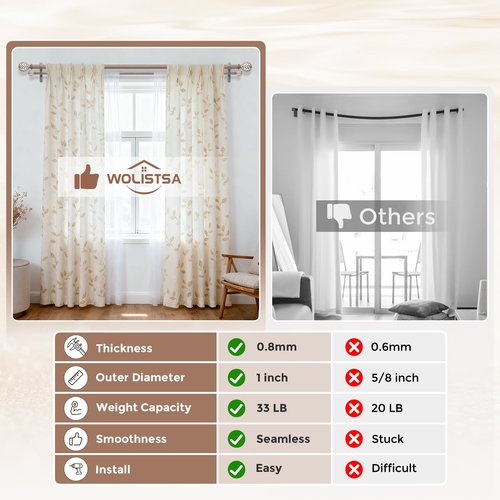 Wolistsa Double Curtain Rod, Boho Wood Decorative Long Dual Curtain Rods for Windows 84 to 120 Inch, 1" Adjustable Heavy Duty Double Rod, Handmade Imitation Weathered Wood Grain Leaf Finial Design