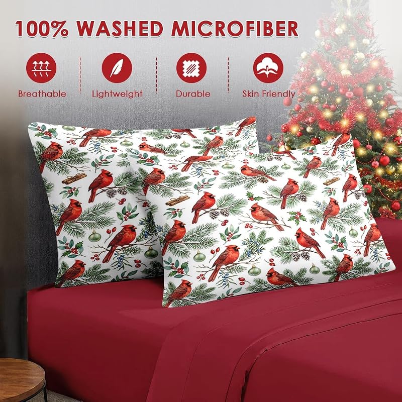 Queen Christmas Comforter Set with Sheets - 7 Pieces, Cardinal Variation