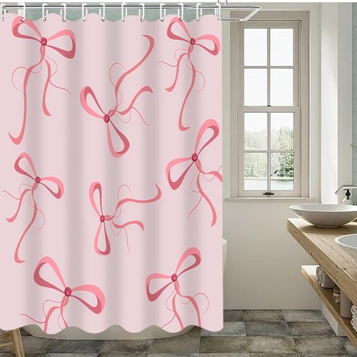 AZHM Pink Bow Shower Curtain Set - Cute Aesthetic Bathroom Decor with 12 Hooks | 4-Piece Set