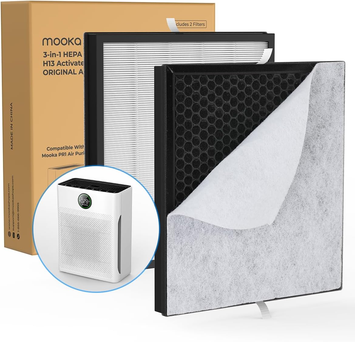 MOOKA PR1 Air Purifier Replacement Filter - H13 True HEPA for Large Rooms Up to 2200 Sq. Ft. | 2 Pack