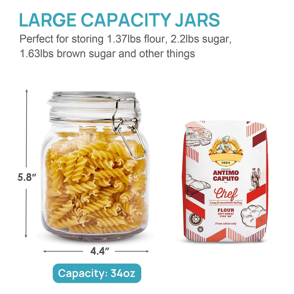 Vtopmart 34oz Glass Food Storage Jars with Airtight Clamp Lids, 3 Pack Kitchen Canisters for Flour, Cereal, Coffee, Pasta and Canning, Square Mason Jar with 8 Chalkboard Labels