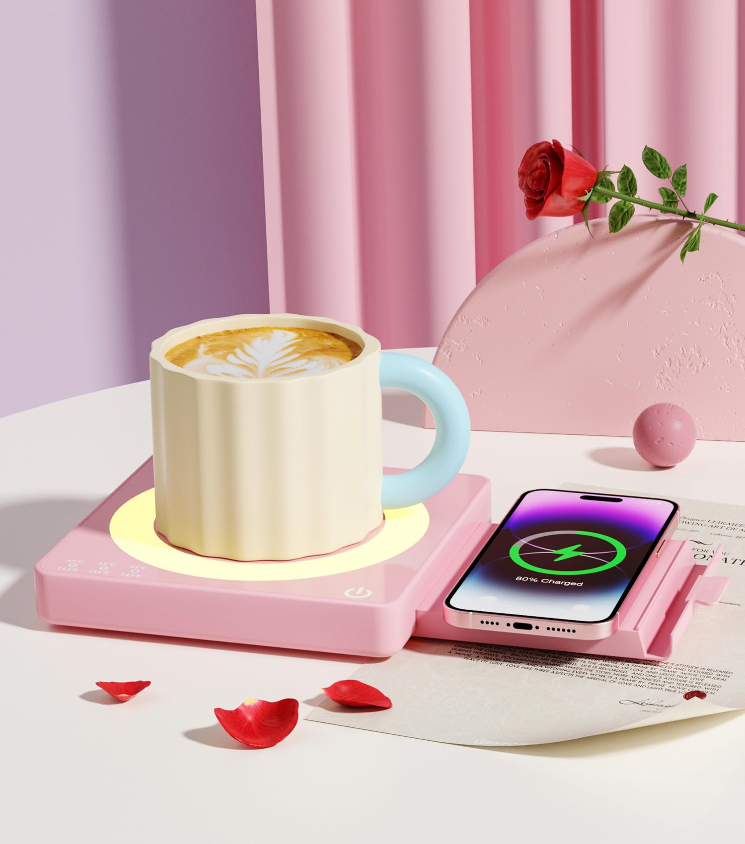 Mug Warmer with 15W Wireless Charger, Aesthetic Desktop Accessory with Night Light & Phone Stand, Ideal Office Tech Gift for Women, Girlfriend, Boss, Her, 3 Temp Coffee Warmer for Desk - Rose Pink