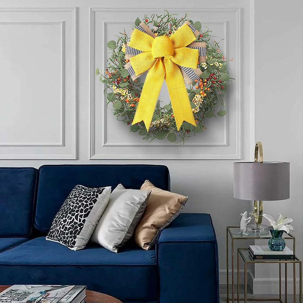 Regine Switzerland Large Yellow Burlap Wreath Bow - Perfect Tree Topper for Spring & Summer Decor