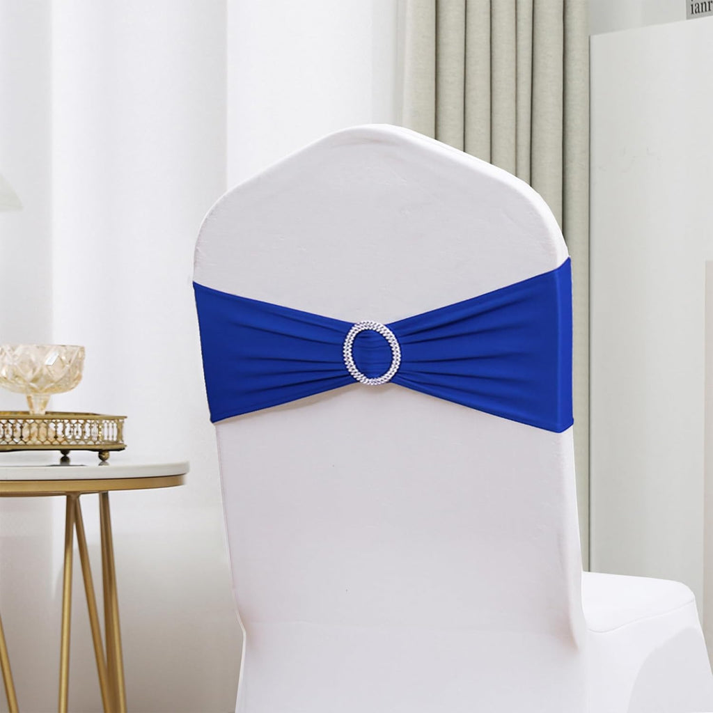 Spandex Royal Blue Chair Sashes - 100 Pack Wedding Chair Bands with Buckles for Events & Parties