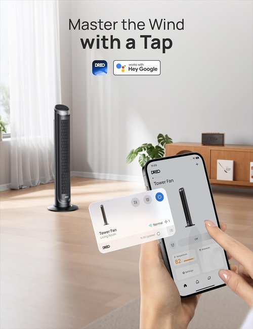 DREO Smart Tower Fan - 90° Oscillating 40" Standing Fan with 5 Speeds & Quiet Operation | Voice Control, Silver