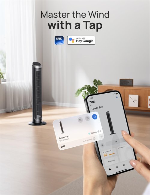 Dreo Smart Tower Fans for Bedroom, 90° Oscillating Fans for indoors, 5 Speeds 4 Modes Max 26ft/s, 12H Timer, LED with Touch, Remote Control, 40" Quiet Bladeless Standing Floor Fan for Home Office