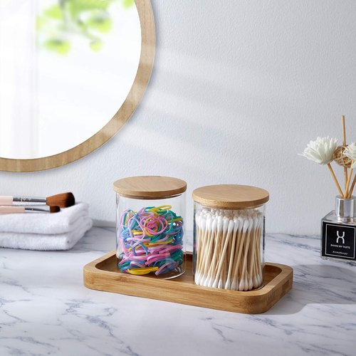 INIUNIK Glass Qtip Holder - Stylish Vanity Tray & Apothecary Jar Organizer for Bathroom Essentials