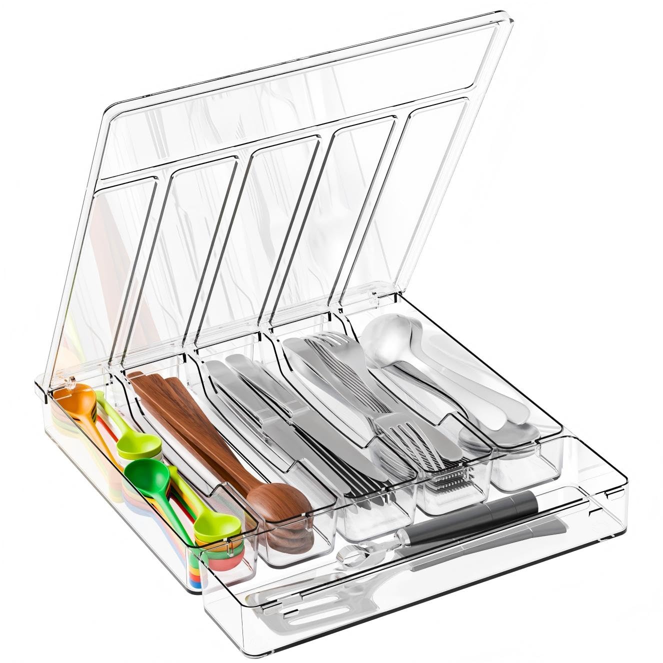 Yieach Clear Silverware Organizer with Lid - 12 inch Wide - Large Silverware Drawer Organizer & Tray and Utensil Drawer Organizers with Lid,BPA Free Plastic Flatware Drawers Organizers for Fork,Spoon