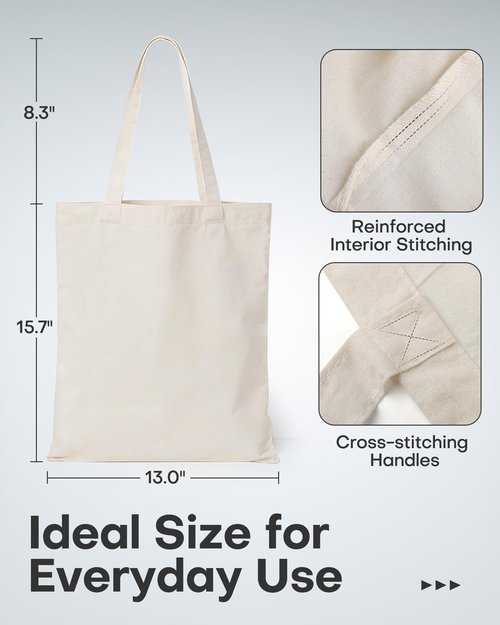 HOTOR 6 Pack DIY Canvas Tote Bag – Plain Lightweight Reusable Grocery Bags, Easy to Carry for Gift, Shopping, Work, 15.7" x 13", Beige