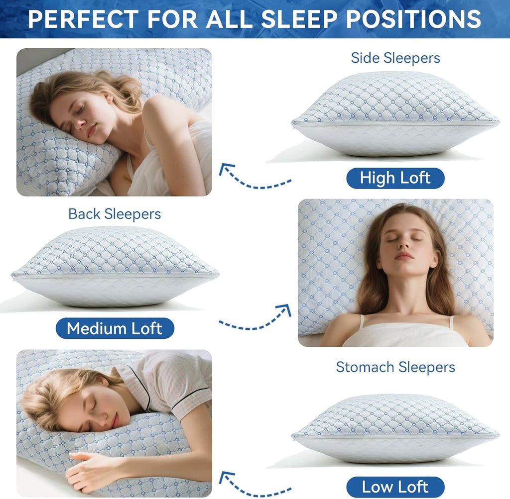Skiennix Cooling Bed Pillows - Adjustable Shredded Memory Foam for Neck Support | Queen Size 2-Pack