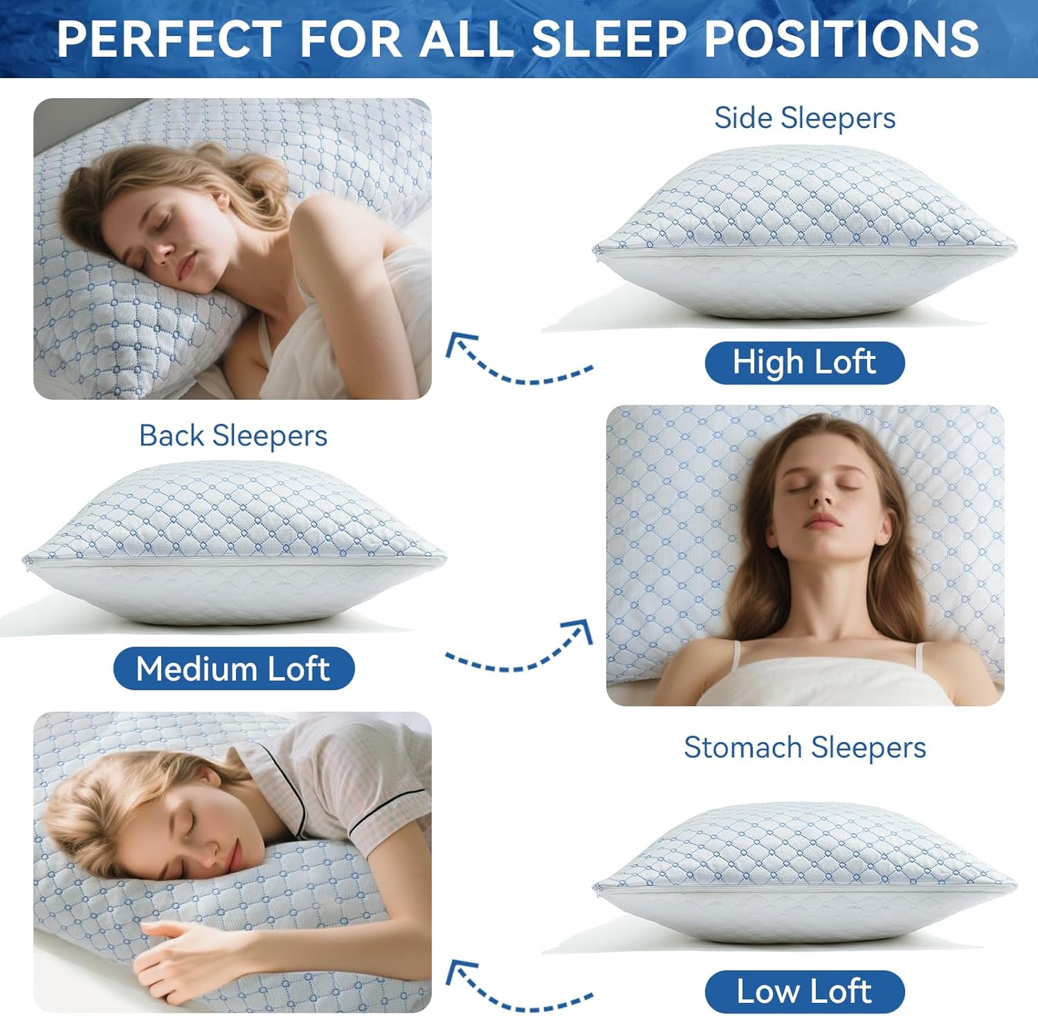 Skiennix Cooling Bed Pillows - Adjustable Shredded Memory Foam for Neck Support | Queen Size 2-Pack