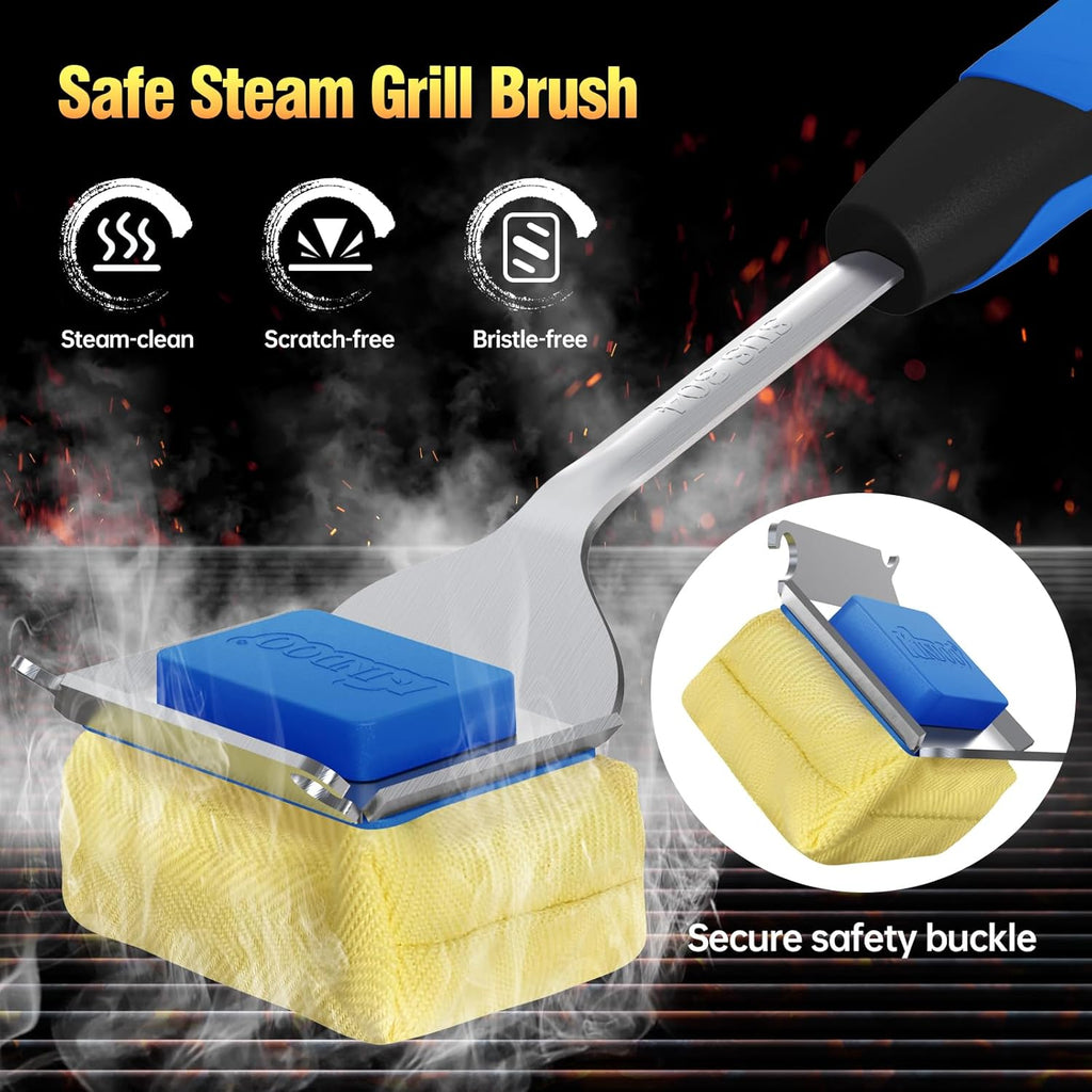 Skiennix Grill Brush - Bristle-Free BBQ Cleaner with Extended Handle & Scraper | Safe for Cast Iron & Stainless Steel Grates - Blue