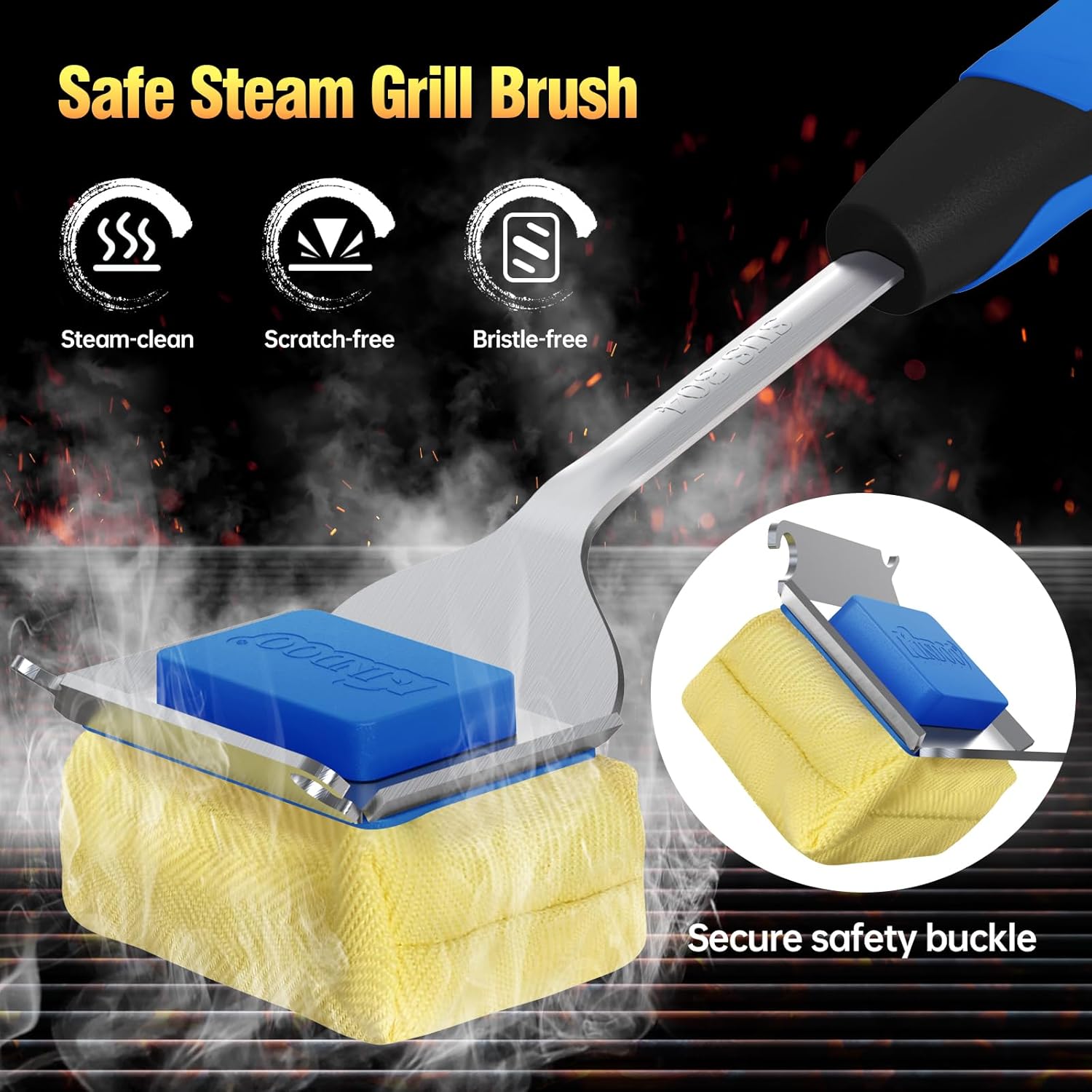 Skiennix Grill Brush - Bristle-Free BBQ Cleaner with Extended Handle & Scraper | Safe for Cast Iron & Stainless Steel Grates - Blue