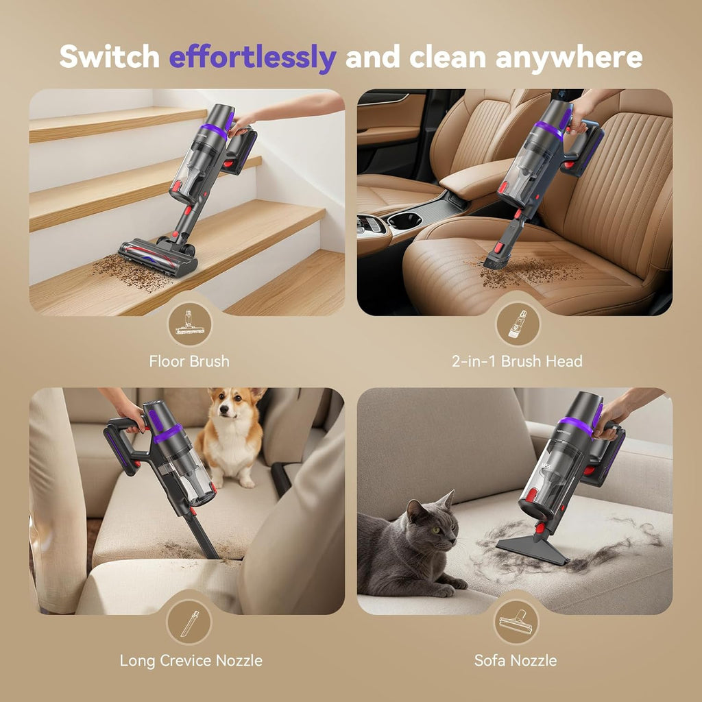 TechRise Cordless Vacuum Cleaner - 500W Stick Vacuum with Anti-Tangle Brush & 60-Minute Runtime for Home Use