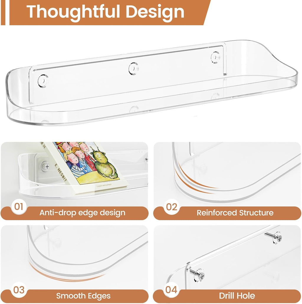SpaceWhisper Floating Wall Shelves - 6-Pack 15" Clear Display Organizers for Bathroom, Bedroom & Living Room