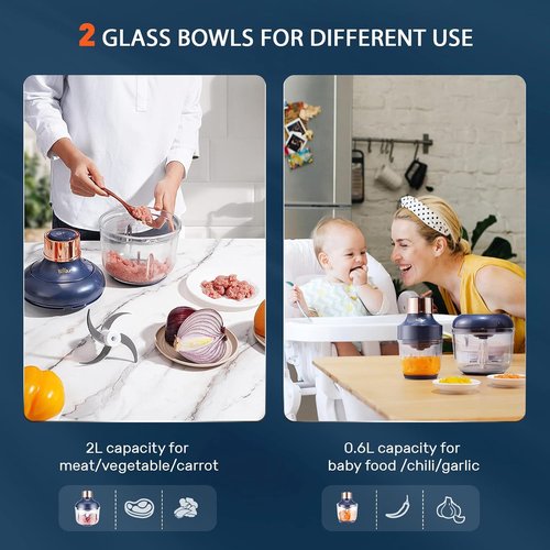 Bear Food Processor - Electric Chopper with 2 Glass Bowls (8 Cup & 2.5 Cup) | 400W Power Grinder with Stainless Steel Blades