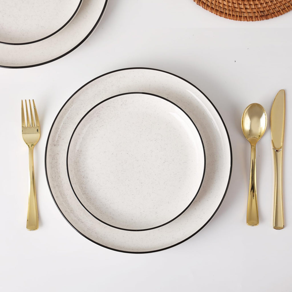 SOVEGLEE Plates and Bowls Sets for 4,12 Pieces Ceramic Dish set, White Dinnerware Set for Kitchen, Modern Design Plate Sets with Black Rim, Microwave and Dishwasher Safe