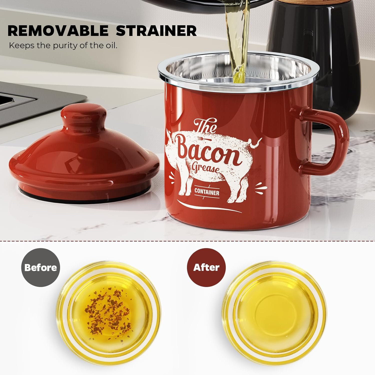 Skiennix Black Meat Chopper & 15oz Mini Red Bacon Grease Container - Durable & Stylish Kitchen Tool