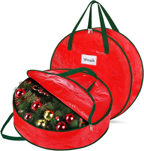 DeckTheHalls Christmas Wreath Storage Container - 2-Pack Waterproof Design with Secure Zipper & Reinforced Handles | Year-Round Protection for 30-Inch Holiday Decor