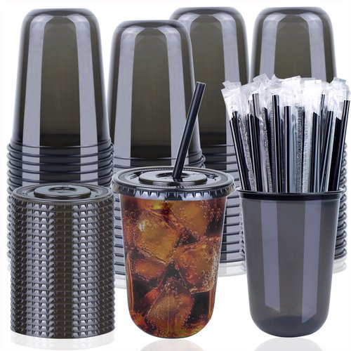 50 Set Disposable Stemless Glasses with Lids and Straws 16oz Plastic Cups Iced Coffee Cup Cold Party Plastic Wine Glasses Classic Cup for Birthday Wedding Cocktail Halloween Christmas Party (Black)