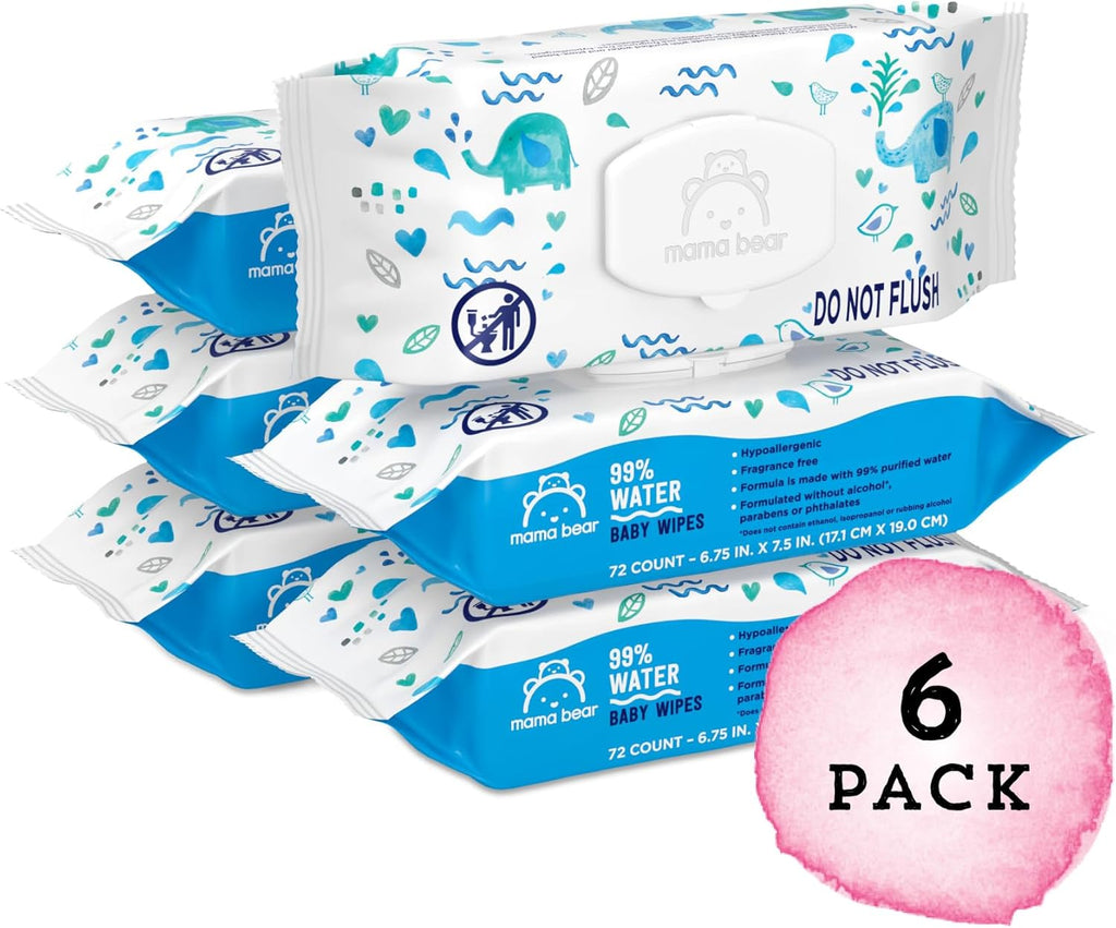 Mama Bear 99% Water Baby Wipes - Hypoallergenic & Fragrance-Free | 72 Count Pack of 6