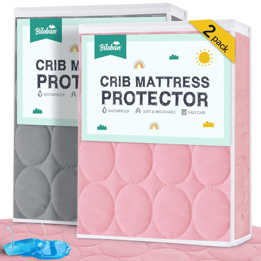 Skiennix Crib Mattress Protector Sheets - Waterproof Quilted Pad Cover for Baby & Toddler | Grey & Pink, 52” x 28”