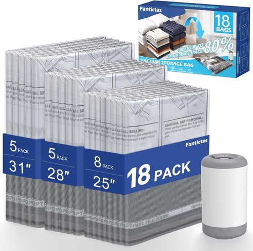 Fantictas Travel Vacuum Storage Bags - 18 Pack with Rechargeable Air Pump | Portable Compression Bags for Clothing & Bedding